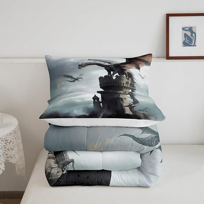 Flying Dragon Comforter Set King Size,Grey Sky Vintage Old Castle Printed Bedding Set for Kids Boys Girls Room Decor,3D Wild Animal Theme Duvet Insert 3Pcs,Retro Microfiber Quilt Set,2 Pillowcases