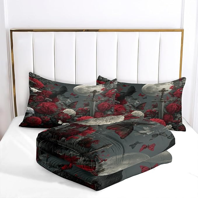 Women Gothic Red White Rose Comforter Set, Twin Size 2-Piece White Butterfly and Moon Comforter Sets for Girls Room Decor, 1 Comforter 68"x 90", 1 Pillowcase, Soft Microfiber All Season