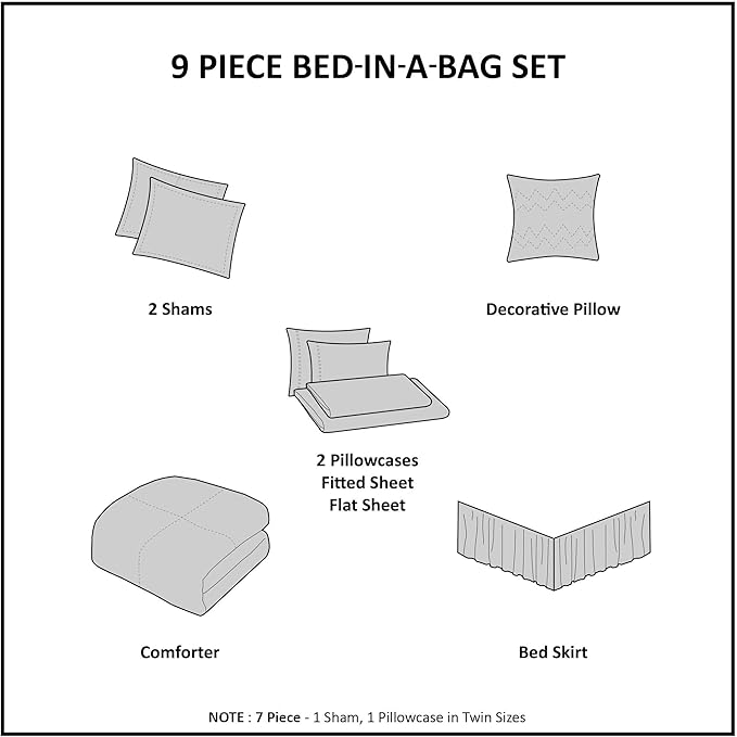 Madison Park Essentials Bed in a Bag Comforter, Vibrant Color Design All Season Down Alternative Cover with Complete Cotton Sheet Set, Queen(90"x90"), Knowles, Circular Grey, 9 Piece