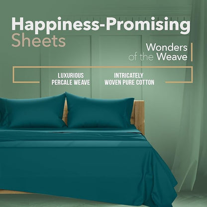 TEXAS LINEN CO. 100% Organic Cotton Sheets California King Size - 4 PC Organic Cotton Cal King Size Percale Weave Sheet Set, Soft, Cooling & Crisp, 16" Deep Pocket Hotel Quality Bedding Set - Teal