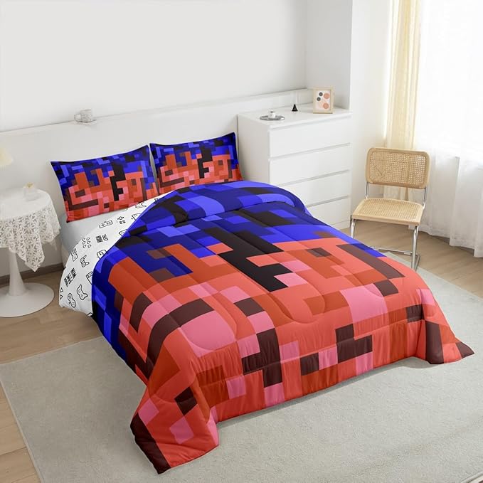 Pixelated Blocks Miners Comforter Set King Size,Video Games Game Gamepad Kids Bedding Set,Geometric Grid Patchwork Quilt Comforter,Blue Red Duvet Insert,2 Pillowcases