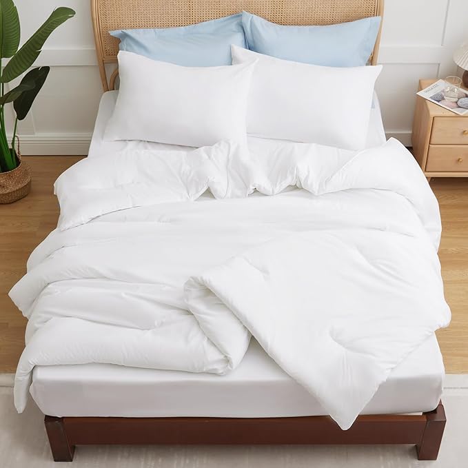 CozyLux Oversized Queen Comforter Set White, 3 Pieces 98x98 Solid Breathable Quilted Bedding Sets for All Season, Luxury Soft Lightweight Bed Set with Down Alternative Comforter and 2 Pillowcases