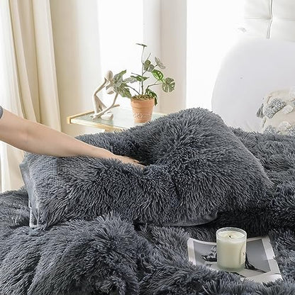 Smoofy Fluffy Full Size Comforter Set, Dark Grey Faux Fur Comforter 3 Pcs