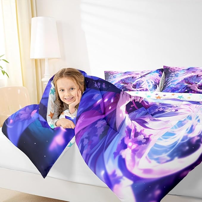 Erosebridal Anime Girl Twin Comforter Set for Kids, Kawaii Japanese Anime Bedding Set Cartoon Girl Duvet Insert Sci Fi Style Japanese Animation Quilt for Kids Girls Teens Adult Bedroom