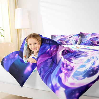 Erosebridal Anime Girl Twin Comforter Set for Kids, Kawaii Japanese Anime Bedding Set Cartoon Girl Duvet Insert Sci Fi Style Japanese Animation Quilt for Kids Girls Teens Adult Bedroom