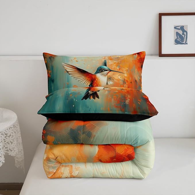 Feelyou Hummingbird Comforter Set Full Size Tropical Birds Comforter Hummingbird Flowers Bedding Set Blossoming Iris Flowers Duvet Set Room Decor Teal Quilt Set