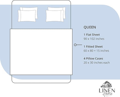 Linen Home 100% Cotton Percale Sheet Set, Queen Size, Dark Blue, Deep Pocket, 6 Pieces Set - 1 Flat, 1 Deep Pocket Fitted Sheet and 4 Pillowcases, Crisp Cool and Strong Bed Linen