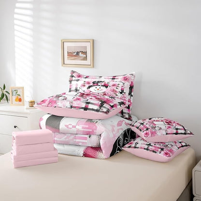 Castle Fairy Kawaii Snowman 7 Pieces Bedding Set Full Bed in a Bag,Pink Cherry Blossom Winter Flowers Comforter Set,Modern Abstract Soft Warm Microfiber Bedding