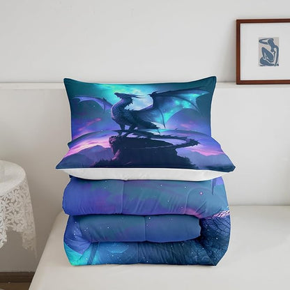 Blue Purple Nebula Galaxy Bedding Set for Kids Boys Girls Room Decor,Dragon Comforter Set Twin Size,Mountain Wildlife Nature Duvet Insert 2Pcs,Western Magical Dragon Soft Quilt Set,1 Pillowcase