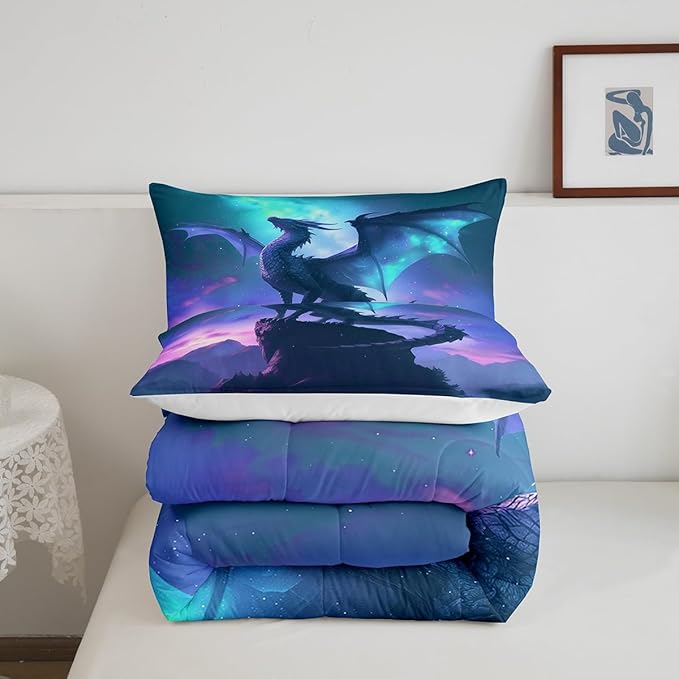Dragon Comforter Set Full Size,Mountain Wildlife Nature Duvet Insert 3Pcs,Blue Purple Nebula Galaxy Bedding Set for Kids Boys Girls Room Decor,Western Magical Dragon Soft Quilt Set,2 Pillowcases
