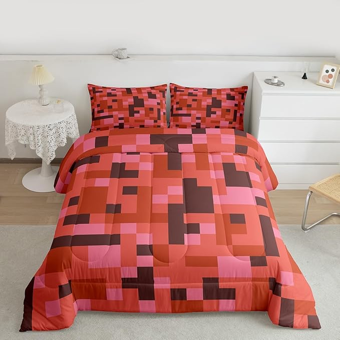 Pixelated Miners Game Comforter Set Full Size,Camo Geometric Check Kids Bedding Set,Reversible Gamepad Video Games Quilt Comforter,Red Brown Duvet Insert,2 Pillowcases