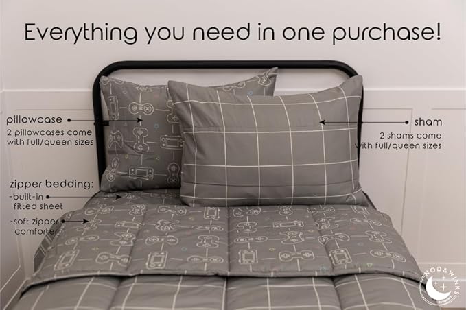 Beddy's Video Game Themed Durable Zipper Bedding for Kids, Bed in a Bag, Gray Comforter & Sheets with Gaming Controller Design for Gamers, Includes Pillowcase & Pillow Sham, Easy to Make & Wash