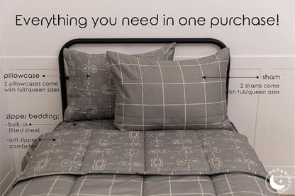 Beddy's Video Game Themed Durable Zipper Bedding for Kids, Bed in a Bag, Gray Comforter & Sheets with Gaming Controller Design for Gamers, Includes Pillowcase & Pillow Sham, Easy to Make & Wash