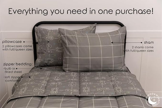 Beddy's Video Game Themed Durable Zipper Bedding for Kids, Bed in a Bag, Gray Comforter & Sheets with Gaming Controller Design for Gamers, Includes Pillowcase & Pillow Sham, Easy to Make & Wash