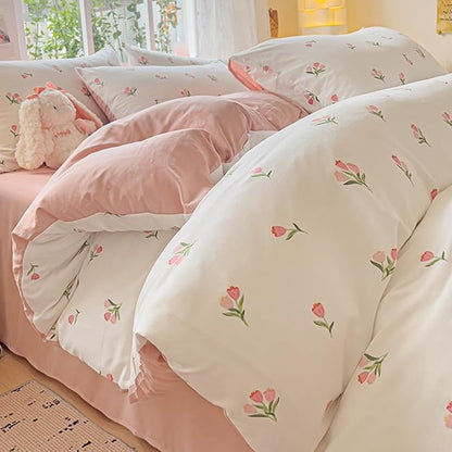 Nayoroom Pink Floral Duvet Cover Twin Size Coquette Tulip Printed on White Reversible Comforter Cover 2Pcs Kids Girls Cottagecore Bedding Set with Zipper Closure Soft Breathable Microfiber