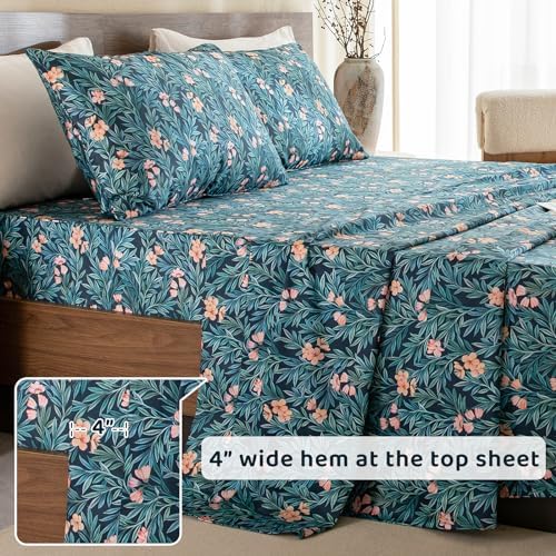 QSH Floral Egyptian Cotton Sheets King Size - Floral Bedding Sheets Botanical Pattern Printed Bedding King Size Bed Sheets 17.5" Extra Deep Pocket 4pcs