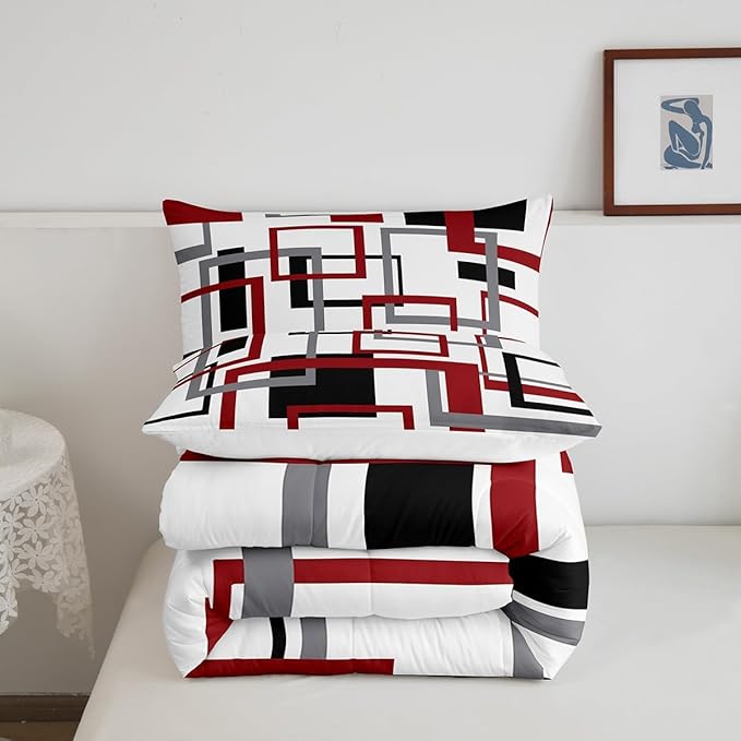 Erosebridal Square Comforter Set for Teens Youth,Black White Red Bedding Set,Geometric Quilt Set Modern Bedroom Decor,Mid Century Grid Duvet Insert with 2 Pillowcases All Season,Full