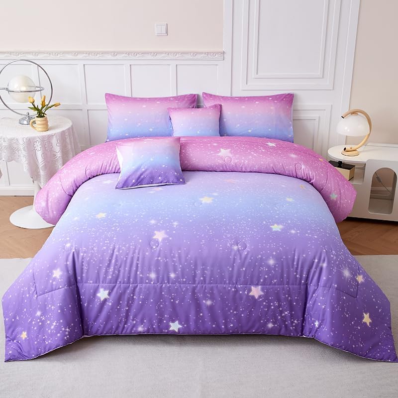Helloosun 7PCS Pink and Purple Comforter Set Twin,Girls Galaxy Bedding Set,Purple Bedding Twin,Bed in A Bag Comforter for Children Girls Teen Kids,Bedroom Bed Decoration