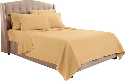 Clara Clark Flex Top King Sheets, 6 Piece Set - Hotel Luxury Sheets for Top Split King Bed, Super Soft Bedding Set, Head Split King Camel Gold