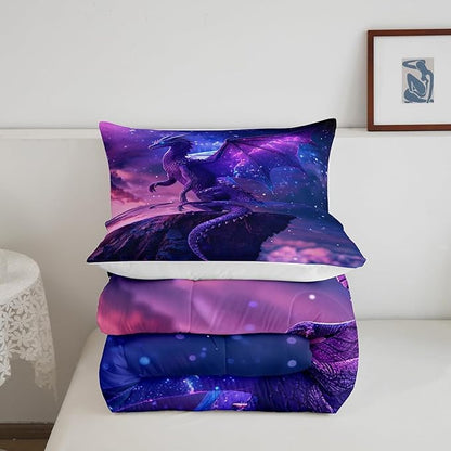 3D Purple Dragon Comforter Set Twin Size,Magical Wild Animal Duvet Insert 2Pcs,Galaxy Nebula Starry Sky Fantasy Bedding Set for Kids Boys Girls Room Decor,Modern Trippy Quilt Set,1 Pillowcase