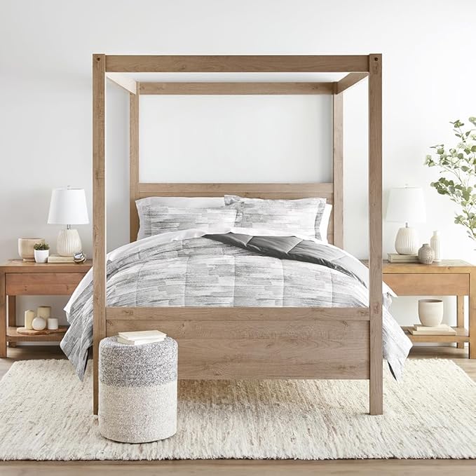 LINENS & HUTCH Comforter Set Patterned Microfiber All Season Down-Alternative Ultra Soft Bedding in Textured Stripe - Twin/TwinXL Textured Stripe Gray
