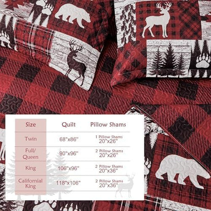 Tritard 3 Piece Christmas Plaid Quilt Sets King Size Bedding Set, Red Bear