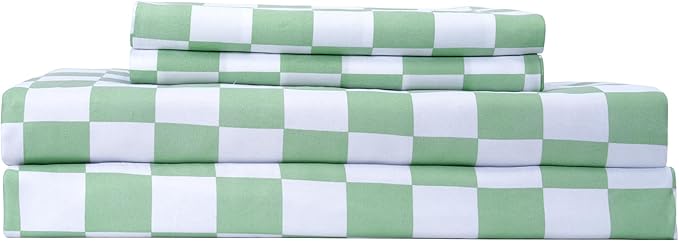 Best Season Bed Sheet Set 3 Piece -Twin Size-Soft Durable Microfiber Bedding Sheet Set,Deep Pocket,Stain,Fade & Wrinkle Resistant Green and White Checkerboard Grid(Plaid Green&White)