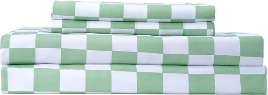 Best Season Bed Sheet Set 3 Piece -Twin Size-Soft Durable Microfiber Bedding Sheet Set,Deep Pocket,Stain,Fade & Wrinkle Resistant Green and White Checkerboard Grid(Plaid Green&White)