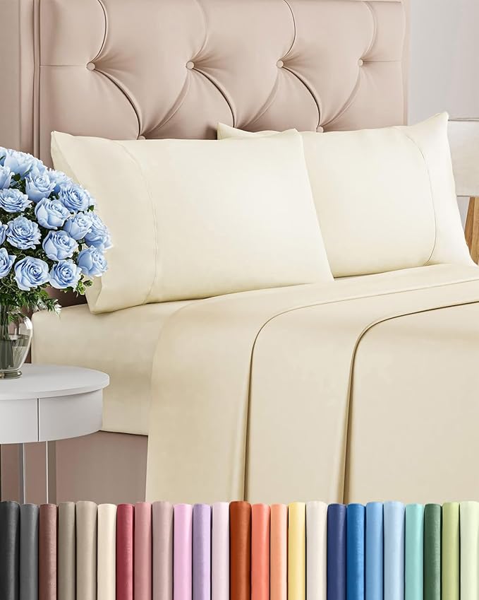 Twin XL 4 Piece Sheet Set - Comfy Breathable & Cooling - Ultra-Soft Hotel Luxury Bedding Set w/ 8-16 Inch Deep Pockets - 1 Flat & 1 Fitted Sheet & 2 Pillowcases - Wrinkle Free & Easy Care - Off White