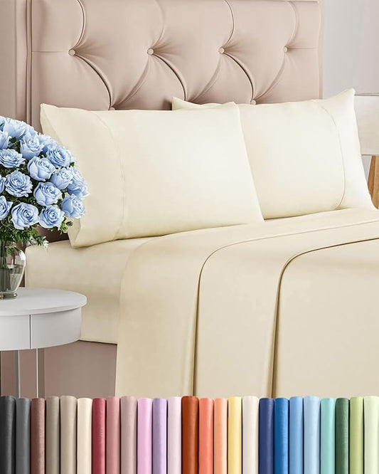 Twin XL 4 Piece Sheet Set - Comfy Breathable & Cooling - Ultra-Soft Hotel Luxury Bedding Set w/ 8-16 Inch Deep Pockets - 1 Flat & 1 Fitted Sheet & 2 Pillowcases - Wrinkle Free & Easy Care - Off White