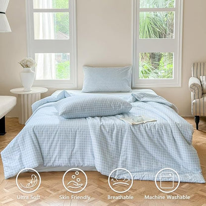 NSNLGSGC Light Blue Gingham Cotton Comforter Set King, 100% Washed Cotton Blue Plaid Checked Comforter Bedding, 3 Pieces Vintage Farmhouse Grid Bedding Set(Light Blue Gingham, King)