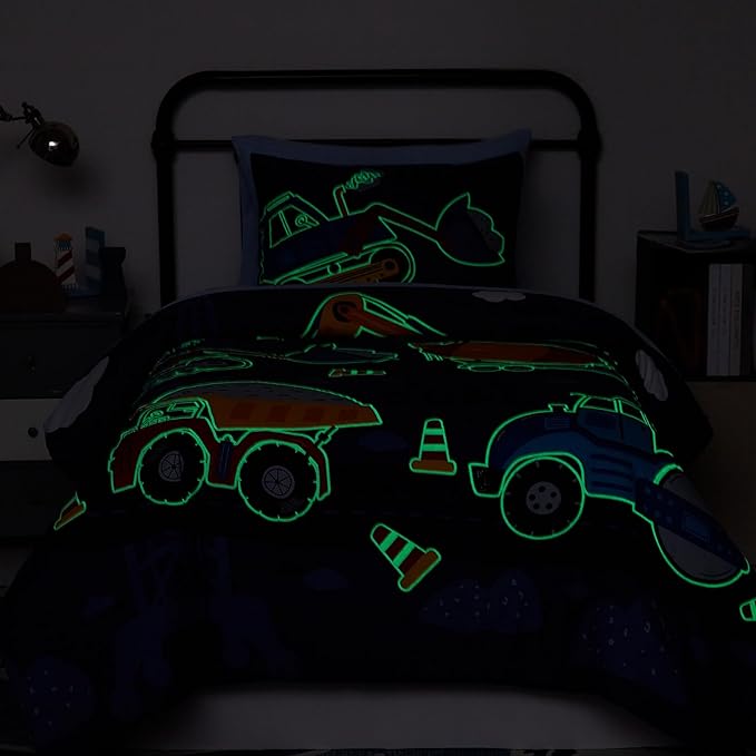 Full Size Comforter Set for Boys-7 Pieces Truck Tractor Excavator Glow in the Dark Full Bedding Sets for Kids, Ultra Soft Bed in A Bag with Sheets