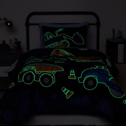 Twin Comforter Set for Boys-5 Pieces Truck Tractor Excavator Glow in the Dark Twin Bedding Sets for Kids, Ultra Soft Bed in A Bag with Sheets