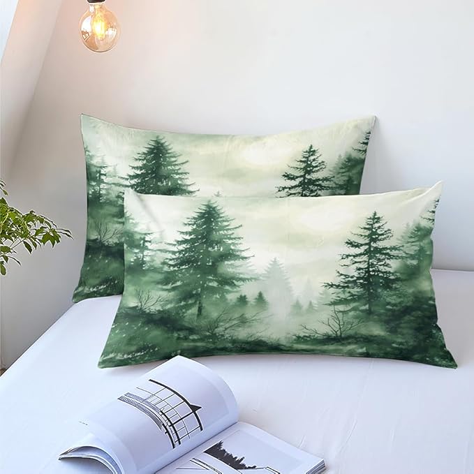 Olive Green Botanical Comforter Set Queen Size Green Woodland Forest Tree Comforters Ombre Nature Landscape Bedding Set Army Green Pine Trees Bedding Ultra Soft Microfiber