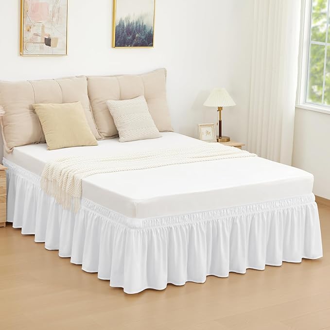 RIMELA Bed Skirt King Size Bright White 15 Inch Drop, Wrap Around Elastic Bedskirt, Dust Ruffle for Adjustable Bed Base Soft Durable Fabric Machine Washable Easy to Install Bed Skirts