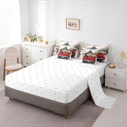 Farmhouse Christmas Dog Comforter Set 7 Pieces,Red Christmas Trees Truck Bed Set,Rustic Style Bedding Bed in a Bag,Full (1 Comforter,2 Pillowcase,2 Pillow Covers,1 Flat Sheet,1 Fitted Sheet)