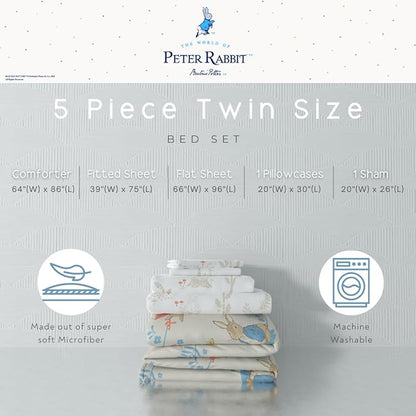Franco Peter Rabbit Easter Kids Bedding Super Soft & Cozy Reversible Microfiber Comforter and Sheet Set with Sham, 5 Piece Twin Size, (Officially Licensed Product)