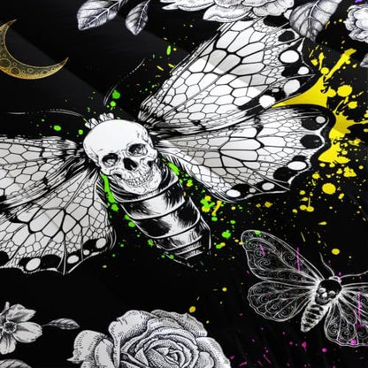 HOSIMA Death Moth Skull Heads King Size Comforter Set Horror Theme Halloween Bedding,Goth Bedding Set Floral Butterfly Bed Set Room Decor for Teen Girls Boys Black King Bed Comforter Set.