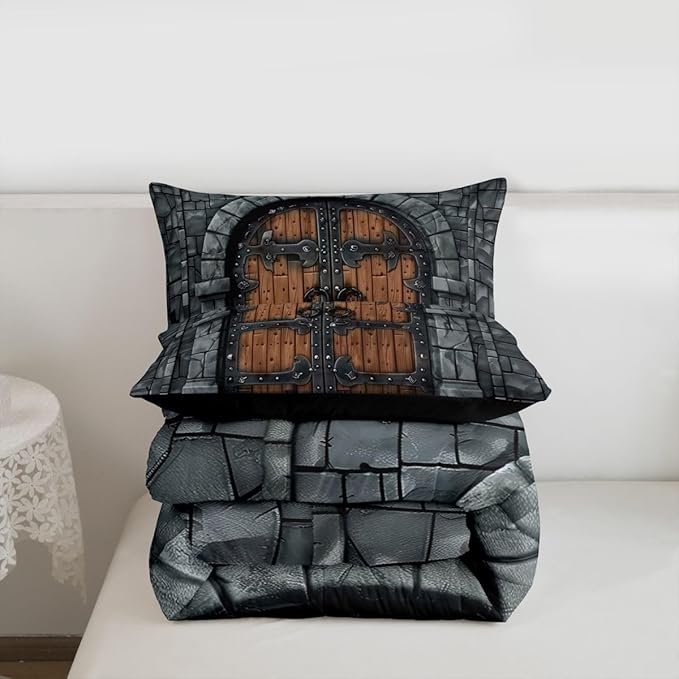 Castle Walls Comforter Set,Knight Wall Bedding Set for Kids Teens,Fairytale Medieval Themed Quilt Set,Duvet Insert 2 Pcs with 1 Pillowcase,Toddler