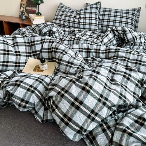 mixinni Vintage Grey & Pale Blue Buffalo Plaid Duvet Cover Set Full Size - 3 Piece Washed Cotton Bedding Set with Grid Pattern, Soft & Breathable Duvet Cover with Pillowcases for Boys, Men& Women