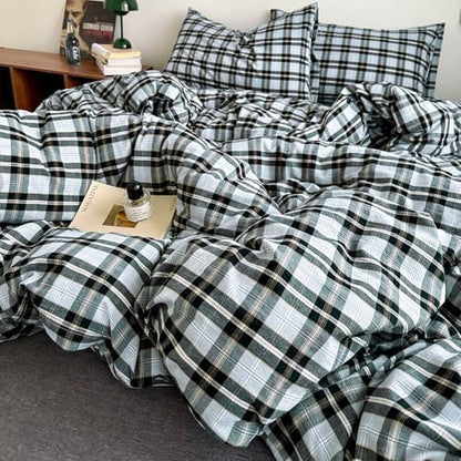 mixinni Vintage Grey & Pale Blue Buffalo Plaid Duvet Cover Set Full Size - 3 Piece Washed Cotton Bedding Set with Grid Pattern, Soft & Breathable Duvet Cover with Pillowcases for Boys, Men& Women