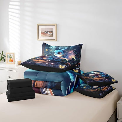 3D Cartoon Dragon Comforter Set 7 Pieces King Size,Western Fairy Tale Bedding Set for Kids,Sparkling Pink Butterfly (Comforter+Fitted+Flat Sheet+2 Pillowcases+2 Throw Pillow Covers)