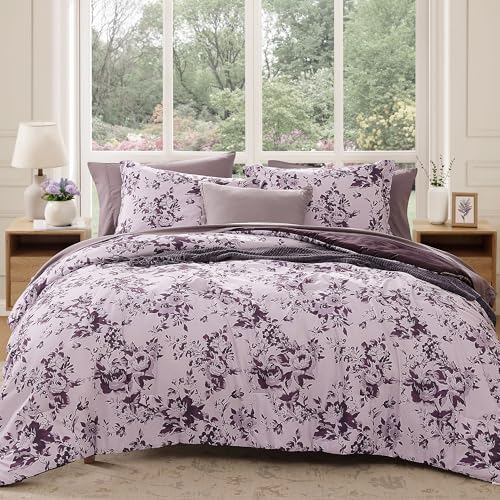 BLOOMHAVEN King Size Comforter Set-7 Pieces Purple Floral Bed in a Bag King