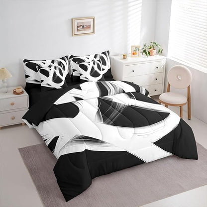 Erosebridal Abstract Modern 7 Piece Comforter Set Queen Bed in A Bag Black White Lines Geometric Bedding Set Minimalist Contemporary Stripes Sheet Set Ink Painting Simple Aesthetic Neutral Quilt