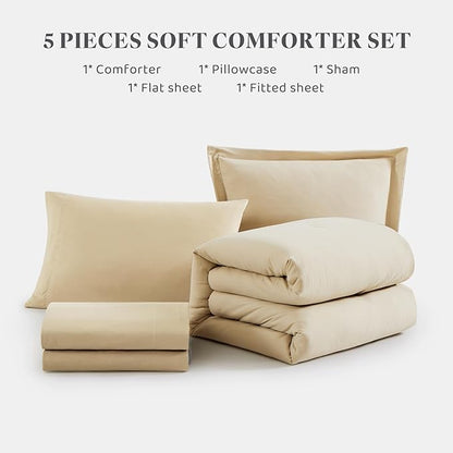 WRENSONGE Twin Comforter Set- 5 Pieces Beige, All Season Twin XL Bedding Sets with 1 Fitted Sheet, 1 Flat Sheet, 1 Pillow Sham and 1 Pillowcase