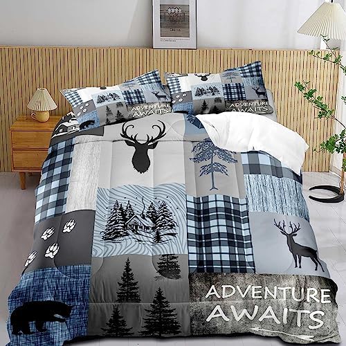 LUVIVIHOME 2PCS Rustic Cabin Comforter Set Twin, Black Bear Deer Elk Moose Woodland Forest Animals Wildlife Hunting Lodge Blue Plaid Country Farmhouse Bedding Sets, Patchwork Quilt, 1 Pillow Sham