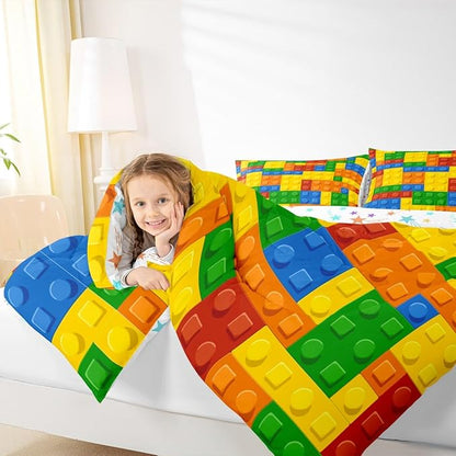 Feelyou Games Comforter Set Twin Size Building Blocks Bedding Set for Kids Boys Girls Colorful Geometric Toy Brick Comforter Gaming Nursery Quilt Duvet Set with 1 Pillowcase Boys