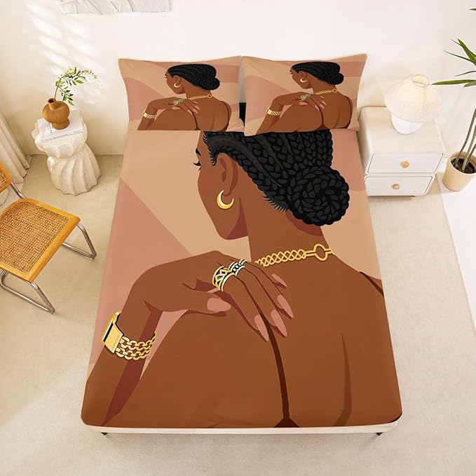 Erosebridal Fashion Black Woman Bedding Set Queen Size 3 Piece Romantic Makeup Themed Girls Bed Sheets Fashionable Gorgeous Fitted Sheet Vogue Afro Girls Sheets for Kids Teens Adult Bedroom