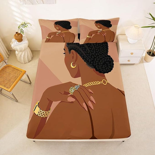 Erosebridal Fashion Black Woman Bedding Set Full Size 3 Piece Romantic Makeup Themed Girls Bed Sheets Fashionable Gorgeous Fitted Sheet Vogue Afro Girls Sheets for Kids Teens Adult Bedroom