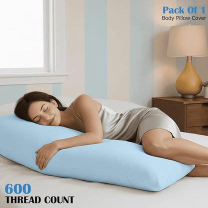Comfort Beddings Body Pillowcase, 100% Organic Cotton 600 Thread Count Sateen, Soft Cooling Light Blue, 1-Pack, Hidden Zipper Closure, Hotel Quality, Fade & Shrink Resistant, 20 x 60 Inches